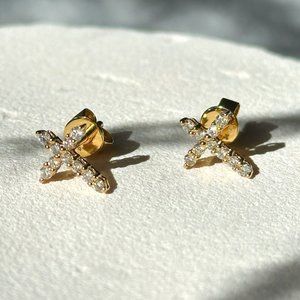 18K Yellow Gold Natural Diamond Cross Earrings